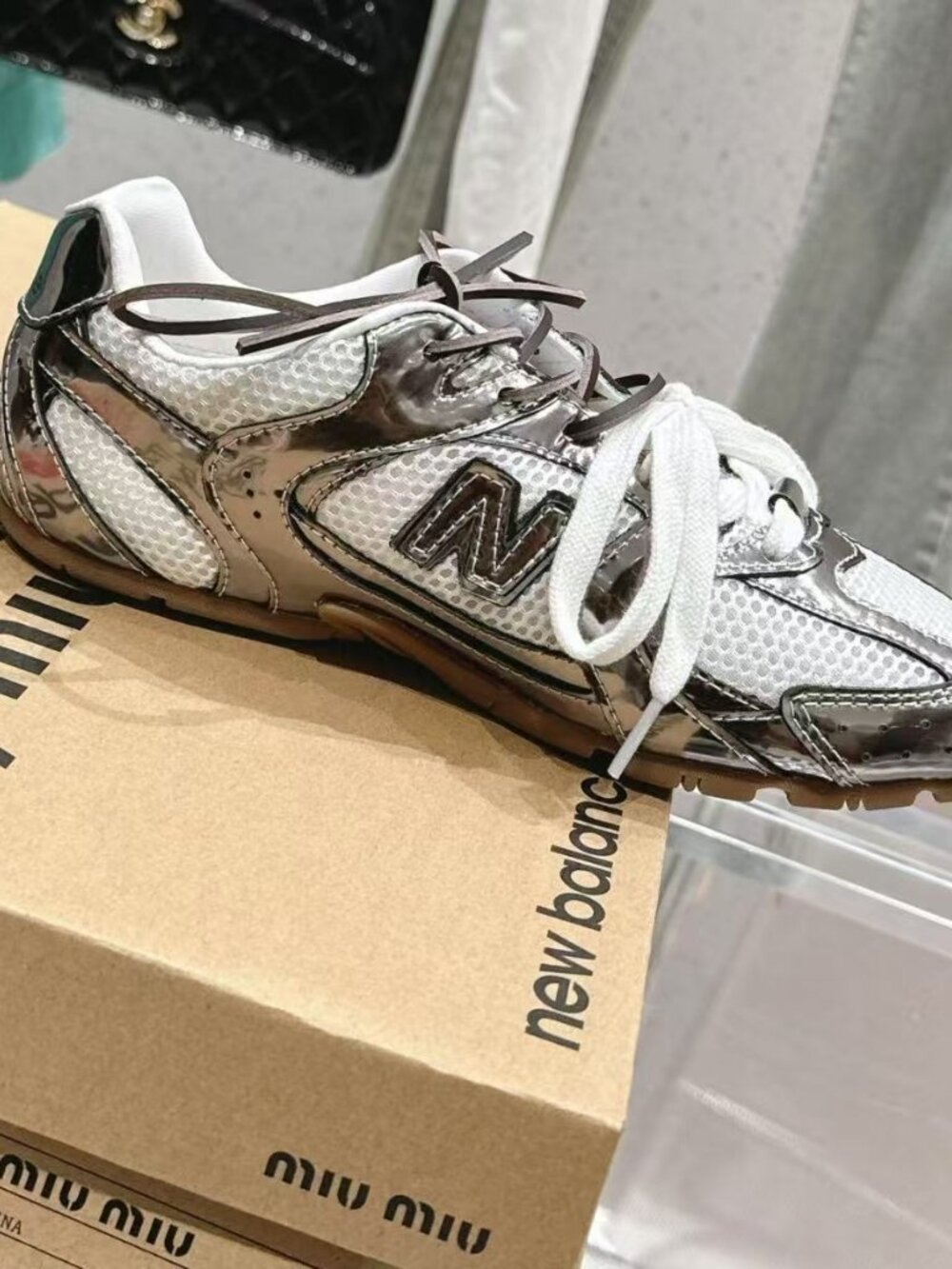 New Balance x Miu Miu Women’s Metallic Silver Sneakers Double Lace Shoes - Picture 5 of 7